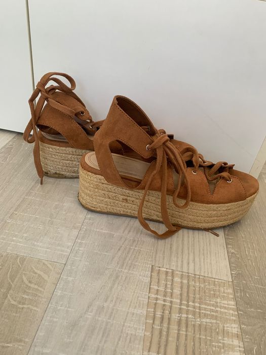 Sandale platforma yuta, cu snur pe picior, Pull&Bear, 39