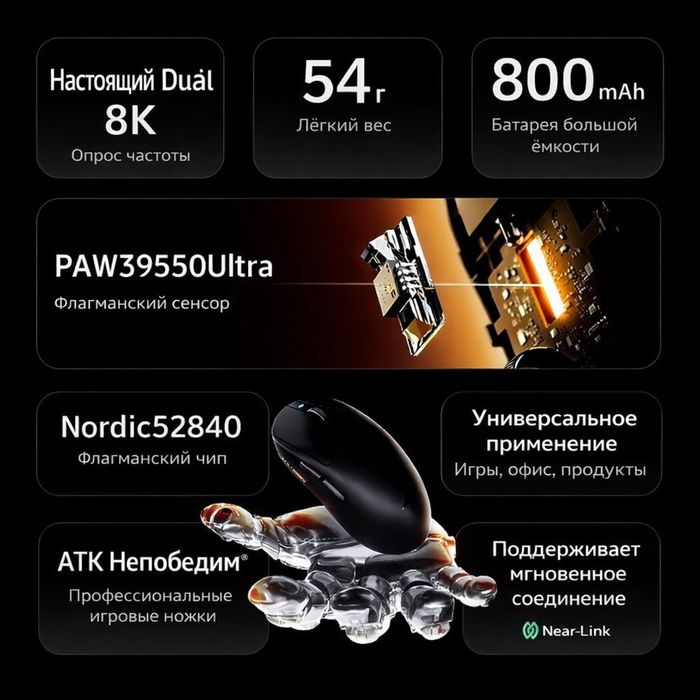 ATK A9 мышь–PAW3395 SE, беспроводная, лёгкая 57г. БЕСПЛАТНАЯ ДОСТАВКА!