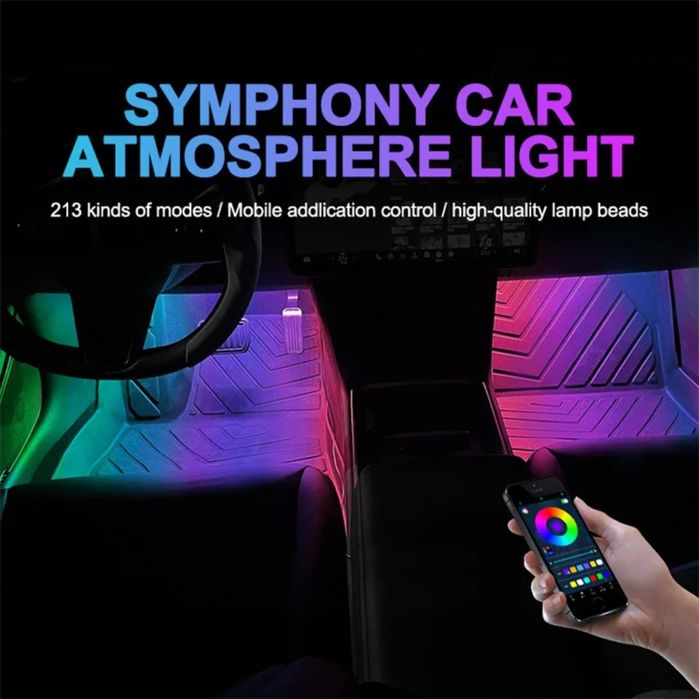 Set 4 Benzi LED Auto RGB Symphony Control Bluetooth Mufa USB 72 Leuri Banda