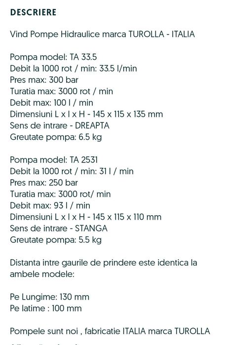 Turolla TA 33;5 și TA 2531 echivalent h14 și H12 pompă hidraulica