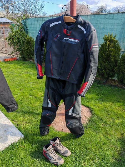 Costum piele moto impecabil+cadou geaca textil, ghete