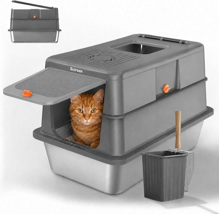 Litieră pentru Pisici Portocal 50L, Închisă cu Capac, 58 x 37 x 39 cm, Gri, NOUA