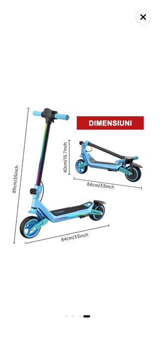 Trotineta Electrica Copii RYDE U8, 3 Viteze (8/12/16 km/h), Suspensie Dubla Fata/Spate, Motor 130W, Autonomie 10 km, Pliabila, 6–12 ani, Albastru