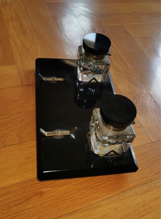 Мастилница мраморна оригинален комплект в стил Арт Деко две стъкленици