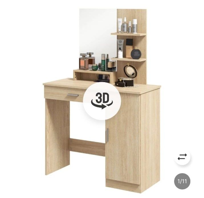 Comodă machiaj cu oglindă, sertar și rafturi.