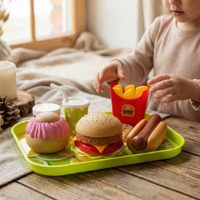 Set de jucarii Fast Food 26 piese burger cartofi prajiti hot dog tava