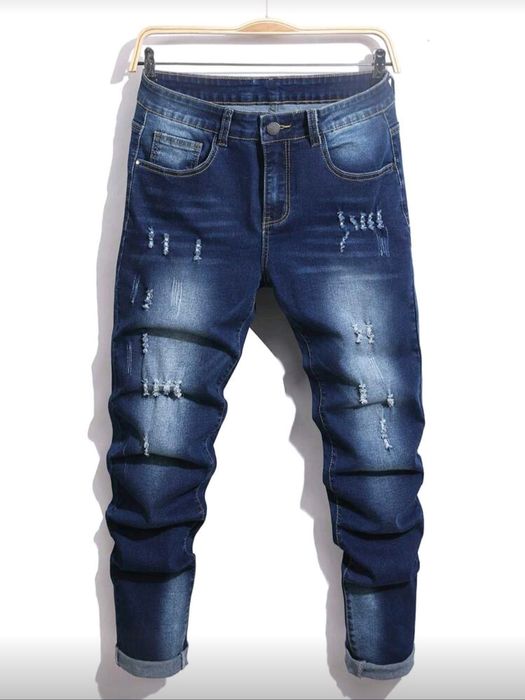 Blugi slim fit rupți pentru bărbați,de culoare albastră.