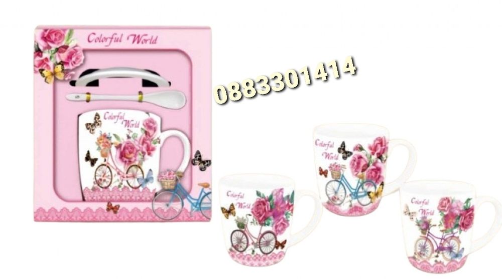 Порцеланова чаша с капак и лъжичка Различни цветове