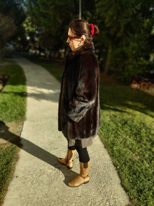 Haina de Blana Naturala de Nurca Maro-Negru XL-Lungime 80 cm NOUA Nr27