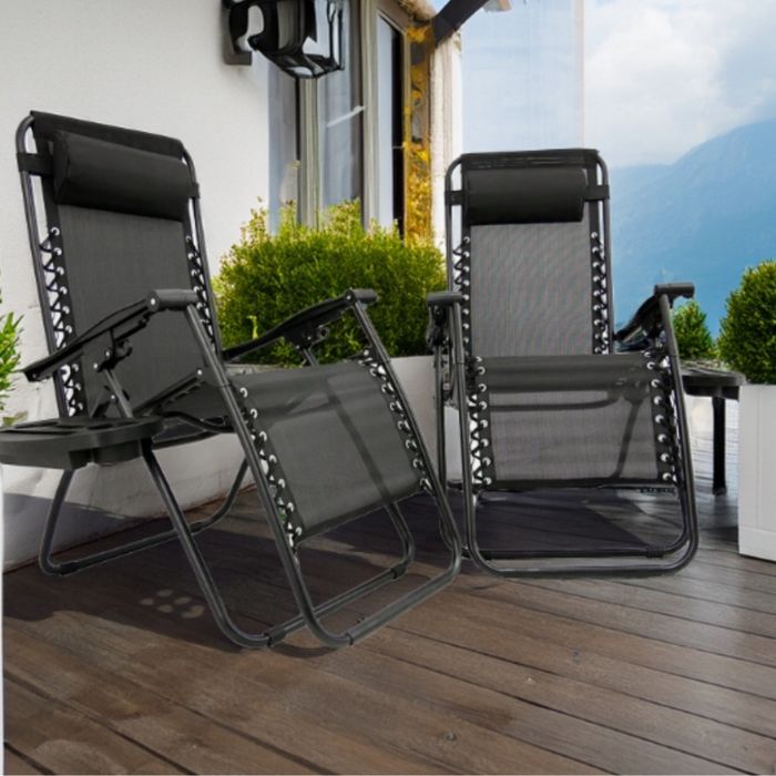 Сгъваем градински шезлонг с възглавница, поставка за напитки и джоб