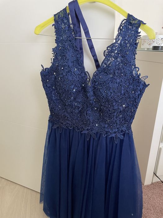 Официална бална рокля синя с мъниста