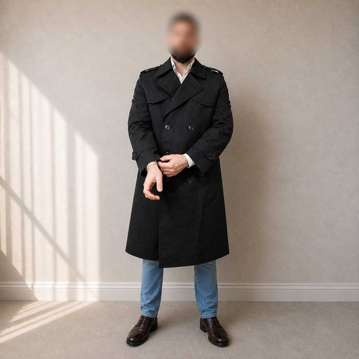Palton trench militar negru barbati, dublu rând, căptușeală carouri, stil premium, marime L