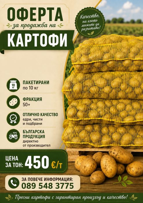Продавам картофи пакетирани по 10кг фракция 50+
