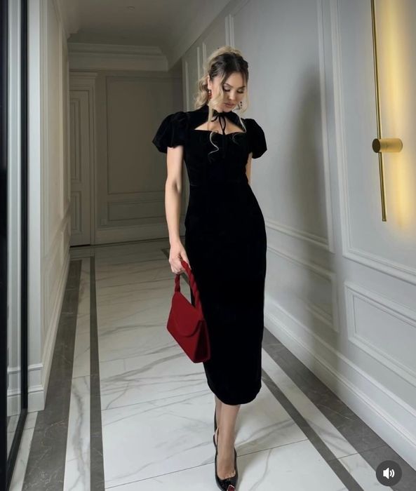 Черное вечернее платье миди элегантное