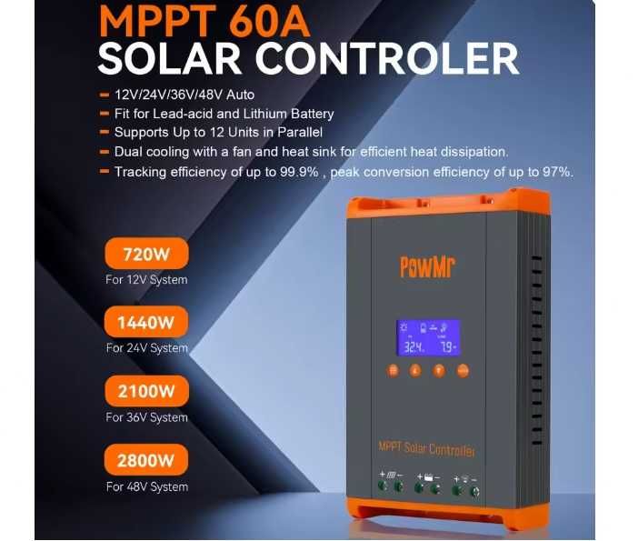 NOU Controler incarcator solar MPPT 60A regulator 12v 24v 36v 48v