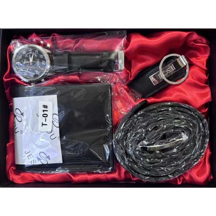 Луксозен мъжки подаръчен Сет Часовник, Колан, Ключодържател, Портфейл