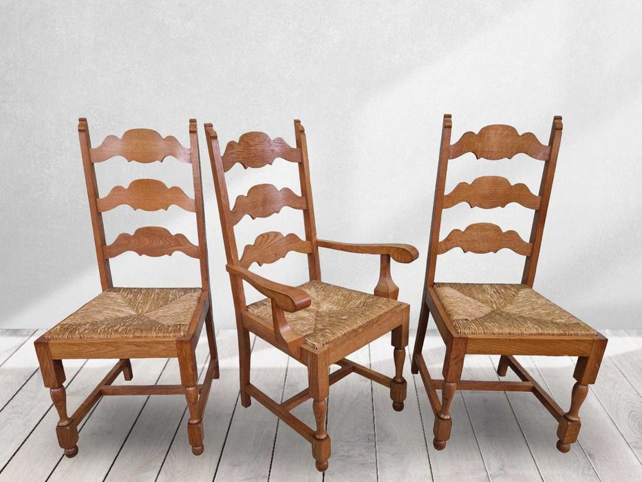 6 броя трапезни столове от дъб с ратанова седалка