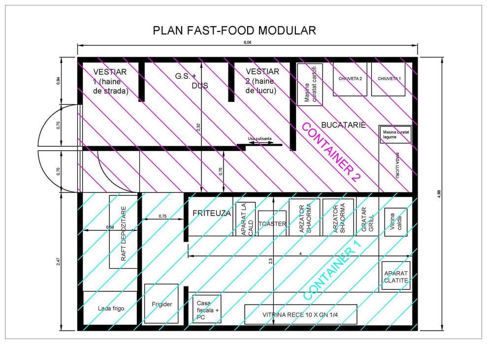 Vand container modular 6x5m pentru fast-food shaormerie, S=30 mp, nou