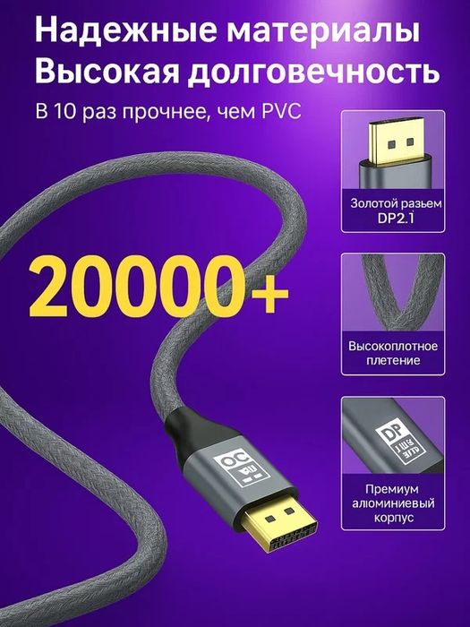 Кабель DisplayPort 2.1, 80Гбит/с 16к UHD позолоченные коннекторы