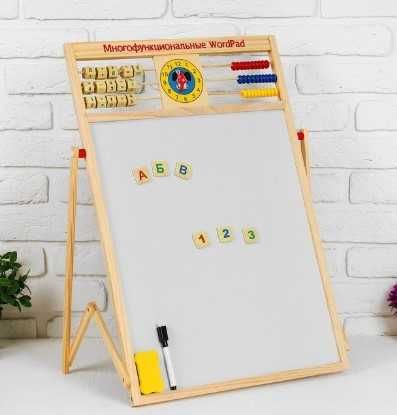 Дървена двулицева детска дъска с БГ азбука, числа и часовник