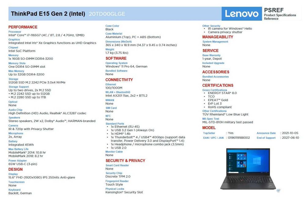 Vând laptop business Lenovo ThinkPad E15 Gen 2 (Intel) 20TD00GLGE pentru piese