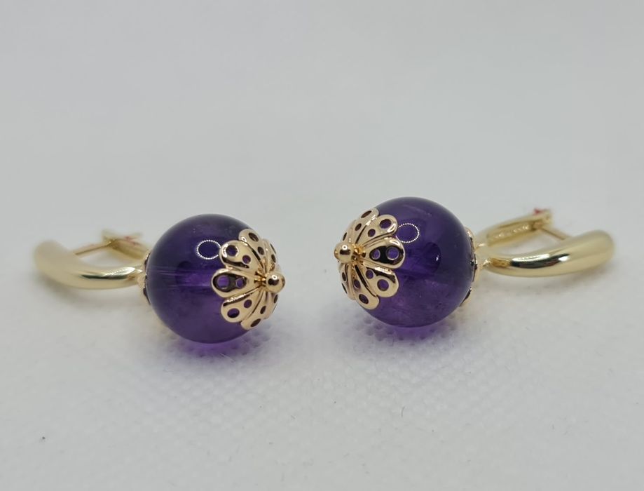 Cercei din aur galben 14k cu ametist natural handmadee