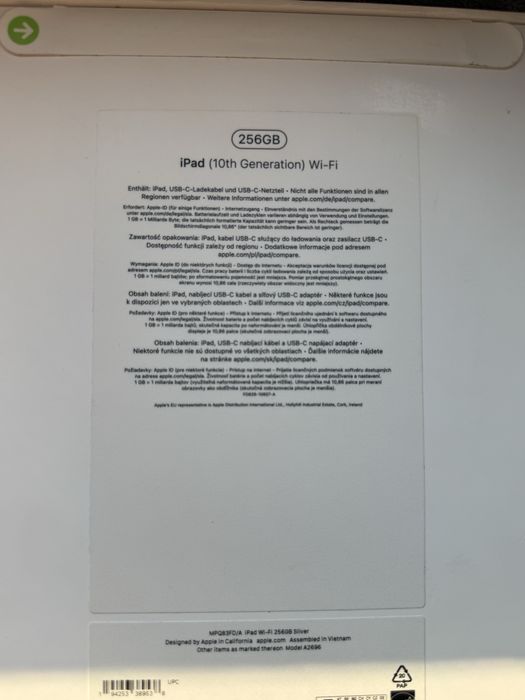 Apple iPad 10 (2022) 10.9" 10th Gen Wifi 256 GB, Silver