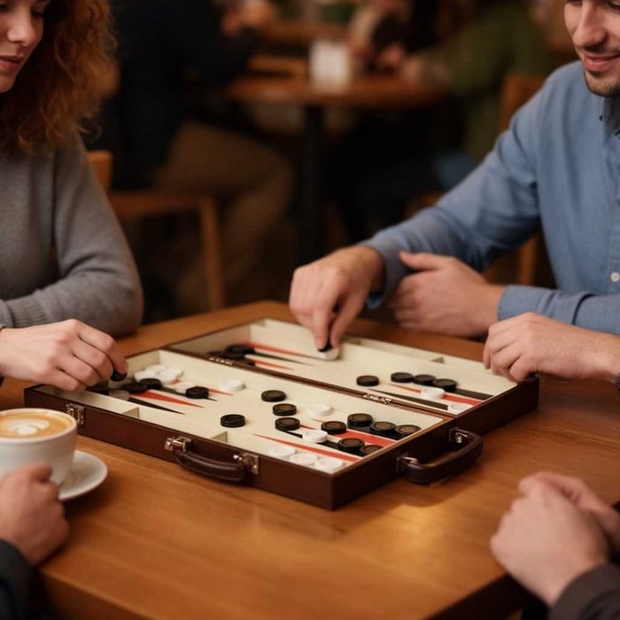 Joc table Backgammon in servieta din piele sintetica cu zaruri piese