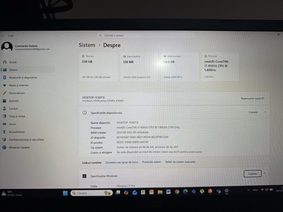 Laptop ASUS VivoBook X509FA / i7 / 20GB RAM / SSD 256GB / Windows 11 Pro
