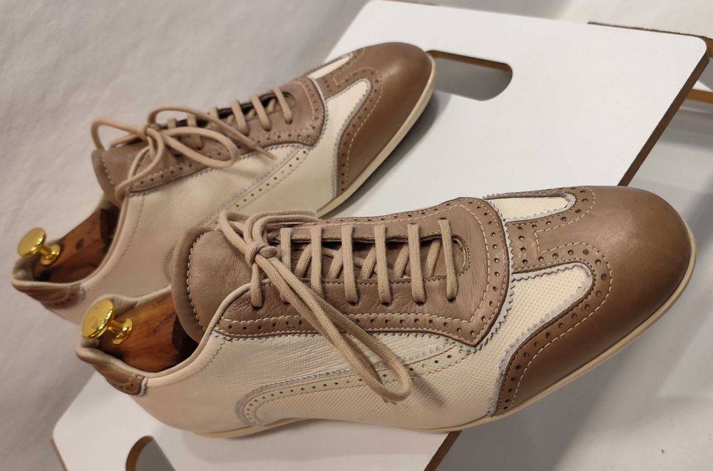 Pantofi casual de lux 43 43.5 SANTONI piele naturala moale alb bej camel