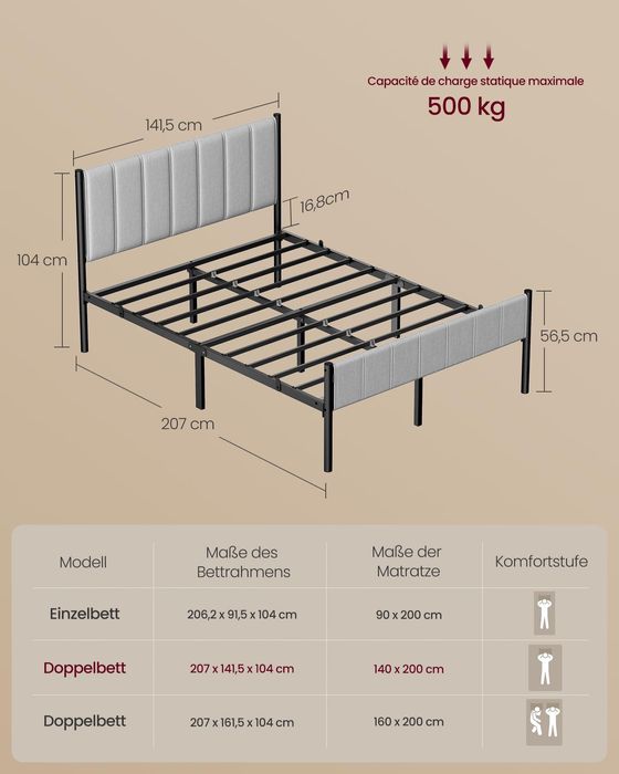 Двойна рамка за легло VASAGLE, 140 x 200 см, с тапицирана табла, стоманени ламели, товароносимост до 500 кг