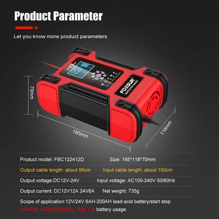 Интелигентно СМАРТ зарядно FOXSUR, ДЕСУЛФАТИЗАЦИЯ ,12V / 12A, 24V /6A