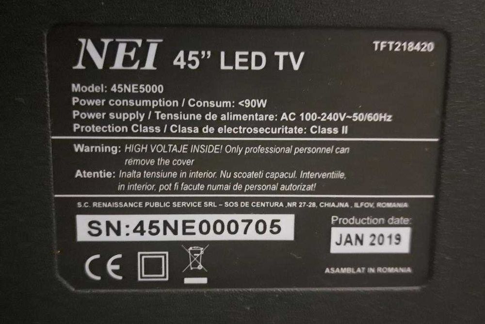 TV NEI, diagonala 116 cm, model 45NE5000, SN 45 NE000705, non smart