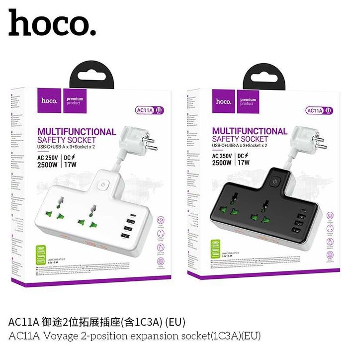 Hoco AC11A Voyage Сетевой фильтр 2 розетками и USB-портами PD17W (EU)