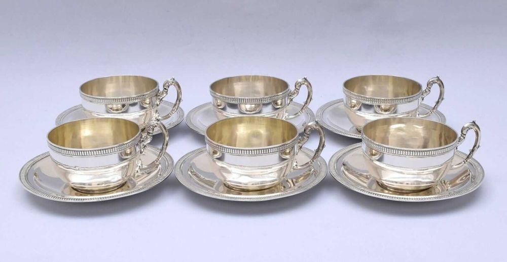 Set 6 cești cu farfurioare ARGINT MASIV 915 Spaniol | 787g | Vintage de lux