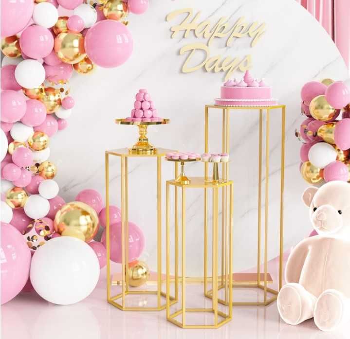 Set 3 suporturi cilindrice aurii decor nunți/petreceri, mese piedestal candy bar