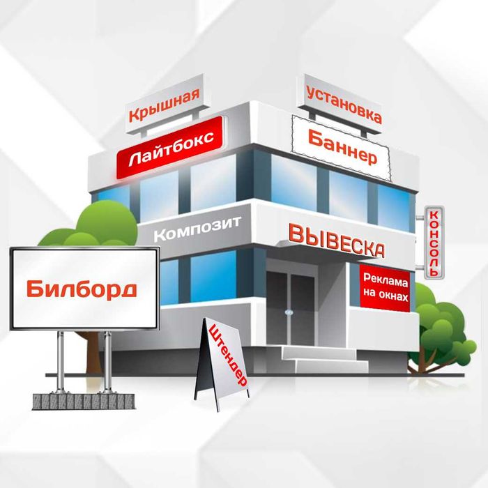 Наружная реклама: вывеска, стенд, бегущая строка, стела АЗС, неон