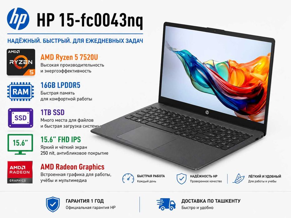 HP Laptop 15 / Ryzen 5-7520U / 16GB / 1TB SSD / IPS / Гарантия 1 год