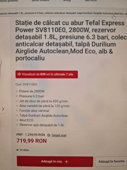 Stație de călcat cu abur Tefal Express Power SV8110E0, 2800W, 6.3 bar