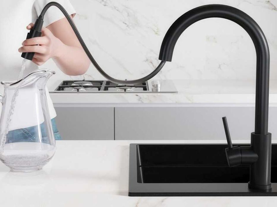 Черен смесител за кухня с изтегляща глава, 2 режима на струя - 9010