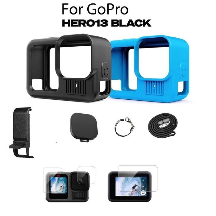 Husa silicon + capac obiectiv + folii sticla display + usita GoPro 13