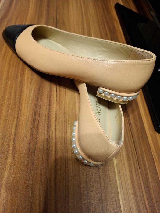 Balerini Stuart Weitzman piele naturala cu toc cu perle, Mărimea 36