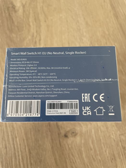 Întrerupător inteligent Aqara Smart Wall Switch H1 EU (Fără Nul, 1 Tastă) – Nou / Sigilat