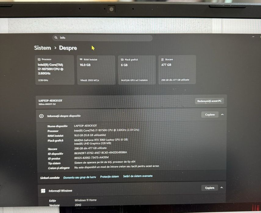 Acer Nitro 5  GAMING, i7-10750H, 16GB RAM  in stare excelenta