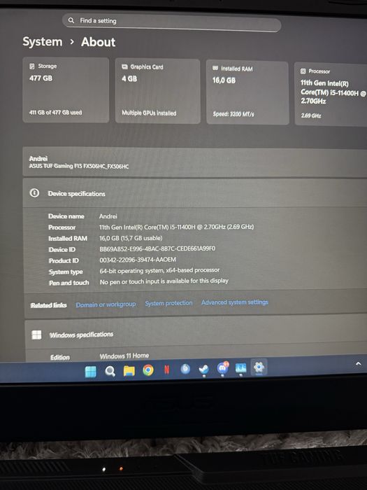 Asus TUF gaming F15, i5 11th gen, 16gb ram, RTX 3050 4GB GDDR6, 144hz.