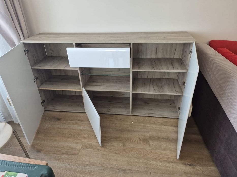 Comodă living modernă alb + lemn, spațioasă, DEMONTATĂ