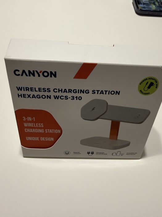 Безжично зарядно Canyon - Hexagon WCS-310 3-в-1, LightGrey/Orange