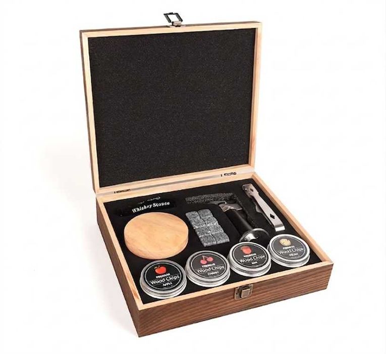 Комплект за опушване на уиски дървена опушваща система, мини горелка, 4 аромата дървесни стърготини череша, ябълка, пекан и орех, 9 части