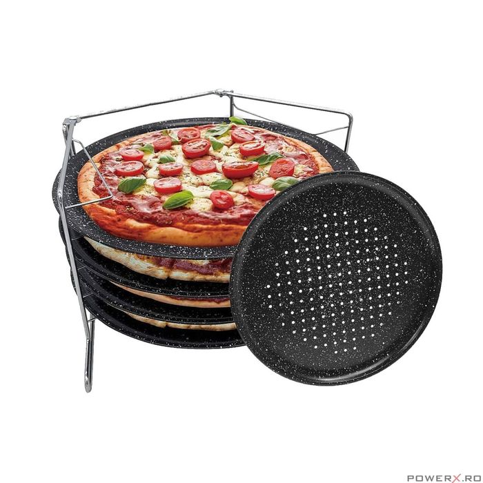 Tava pentru pizza cu strat de marmura, baza din otel, set 5 elemente,