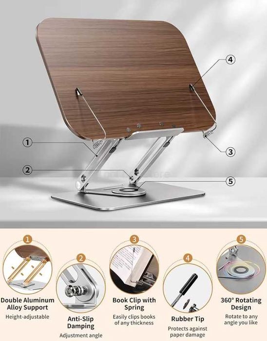 Подставка для чтения с вращающимся основанием и деревянным дизайном m5